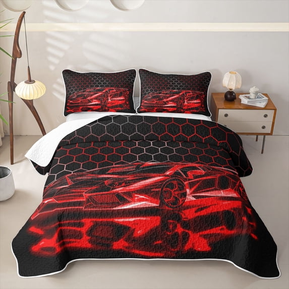 Castle Fairy Neon Red Sports Car Twin Quilt Set,Grunge Hexagon Twin Coverlet Set for Bedroom,Red Black