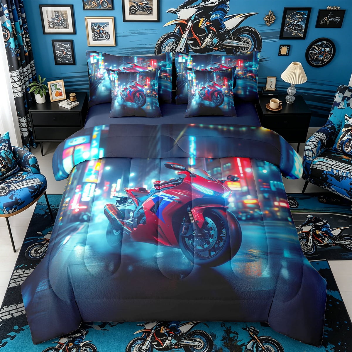Castle Fairy Neon Sport Bike Bedding Comforter Set 7 Pieces for Boys ...