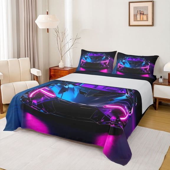 Castle Fairy Neon Sports Car Bed Sheets 4pcs for Teens, Dark Studio View King Sheets for Bedroom, Purple Blue
