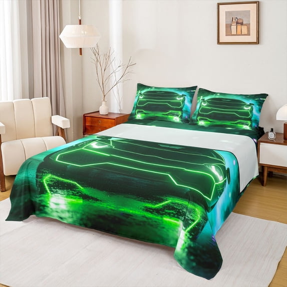 Castle Fairy Neon Sports Car Bed Sheets 4pcs for Teens, Green City Glow King Sheets for Bedroom, Green Black
