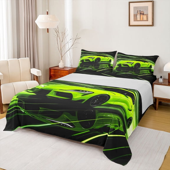 Castle Fairy Neon Sports Car Bed Sheets 4pcs for Teens, Light Trail Race King Sheets for Extreme Bedroom, Green Black