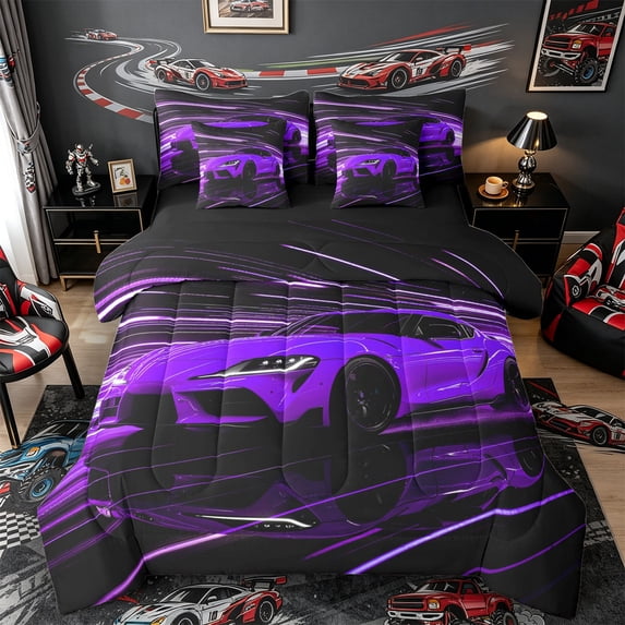 Castle Fairy Neon Sports Car Bedding Comforter Set 7-Piece for Teens, Light Trail Race King Bedding Sets for Edgy Bedroom, Purple Black,Black Reversible
