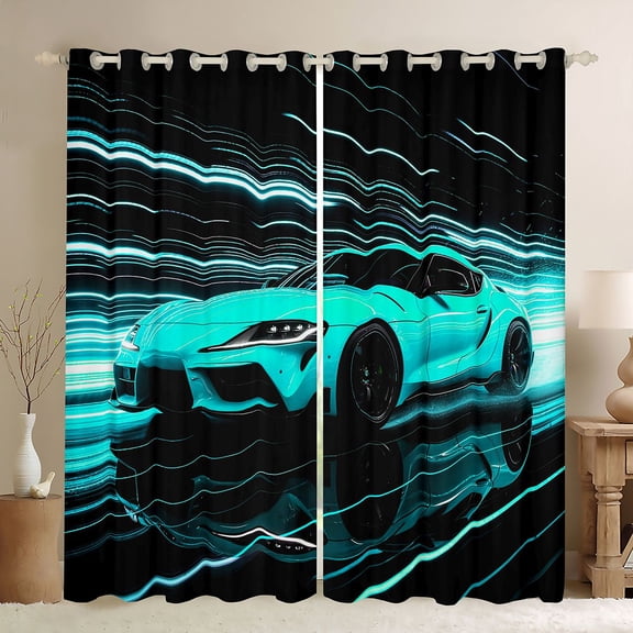 Castle Fairy Neon Sports Car Black Out Curtains for Teens, Light Trail Race Curtains Pack of 2 (42x63 Each) for Modern Bedroom, Teal Black