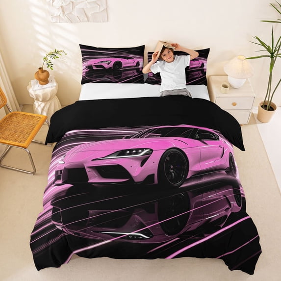 Castle Fairy Neon Sports Car Duvet Cover Set for Teens, Light Trail Race Bedding Full for Girls Bedroom, Pink Black,Black Reversible,3pcs,No Comforter