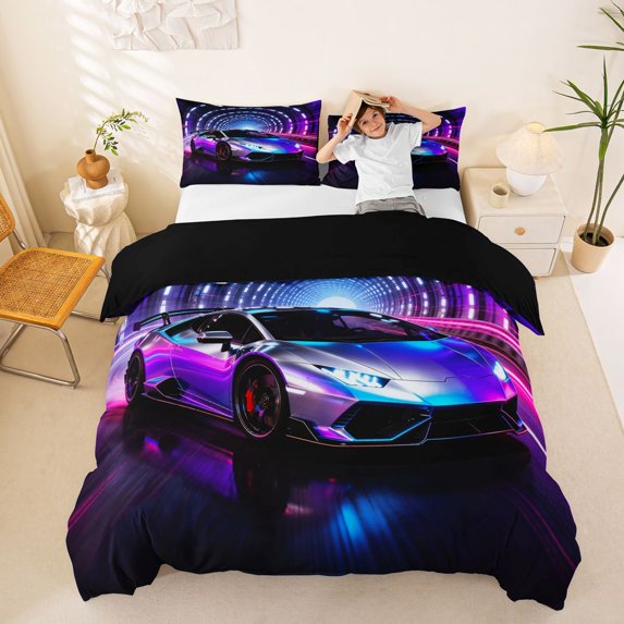 Castle Fairy Neon Sports Car Queen Duvet Cover Set for Teens, Tunnel Light Speed Bedding for Bedroom, Purple Blue,Black Reversible,3-Piece,No Comforter