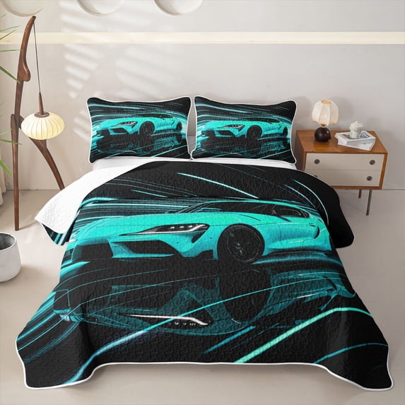 Castle Fairy Neon Sports Car Quilt Full,Light Trail Race Full Bedspread Sets for Modern Bedroom,Teal Black