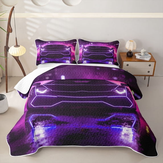 Castle Fairy Neon Sports Car Quilt Full,Purple City Glow Full Bedspread Sets for Bedroom,Purple Black