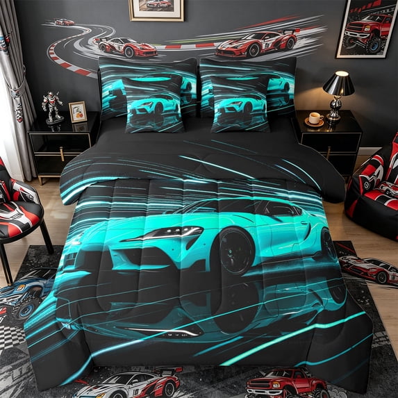 Castle Fairy Neon Sports Car Twin Bedding Sets 7-Piece for Teens, Light Trail Race Bedding Comforter Set for Modern Bedroom, Teal Black,Black Reversible