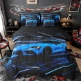 thumbnail image 1 of Castle Fairy Neon Sports Car Twin Bedding Sets 7-Piece for Teens, Light Trail Race Bedding Comforter Set for Teen Bedroom, Blue Black,Black Reversible, 1 of 7