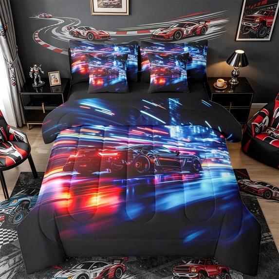 Castle Fairy Neon Sports Car Twin Bedding Sets 7-Piece for Boys, City Light Trail Bedding Comforter Set for Bedroom, Black Red,Black Reversible