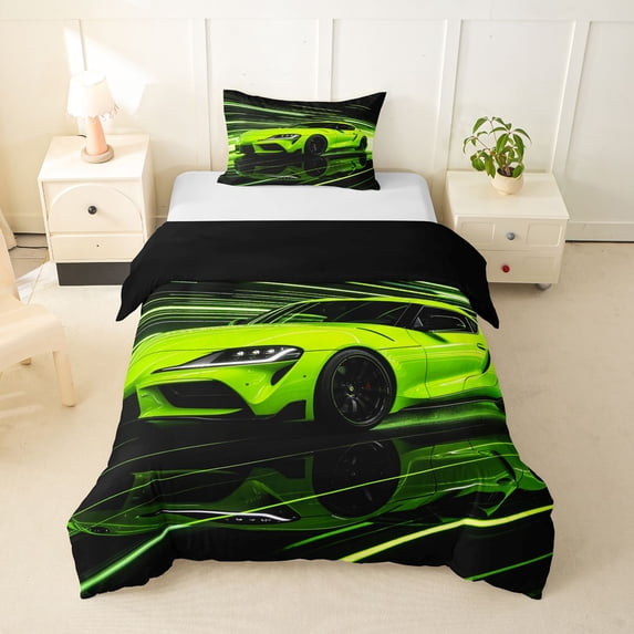 Castle Fairy Neon Sports Car Twin Bedding for Teens, Light Trail Race Duvet Cover Set for Extreme Bedroom, Green Black,Black Reversible,2pcs,No Comforter