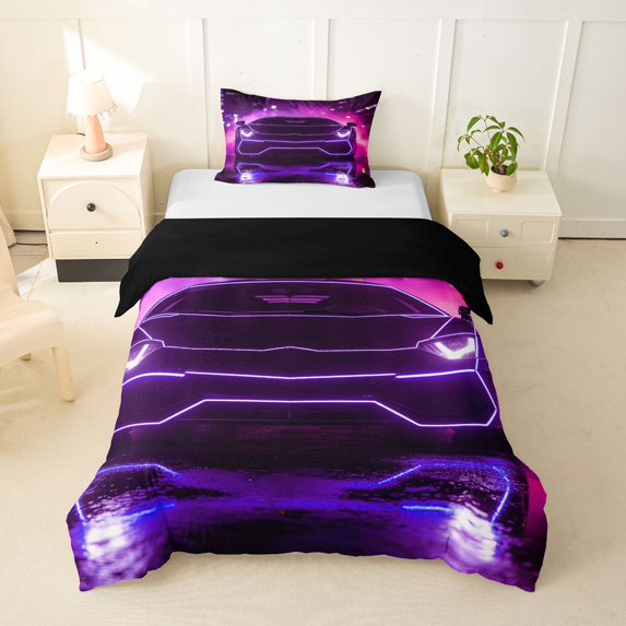 Castle Fairy Neon Sports Car Twin Bedding for Teens, Purple City Glow Duvet Cover Set for Bedroom, Purple Black,Black Reversible,2pcs,No Comforter