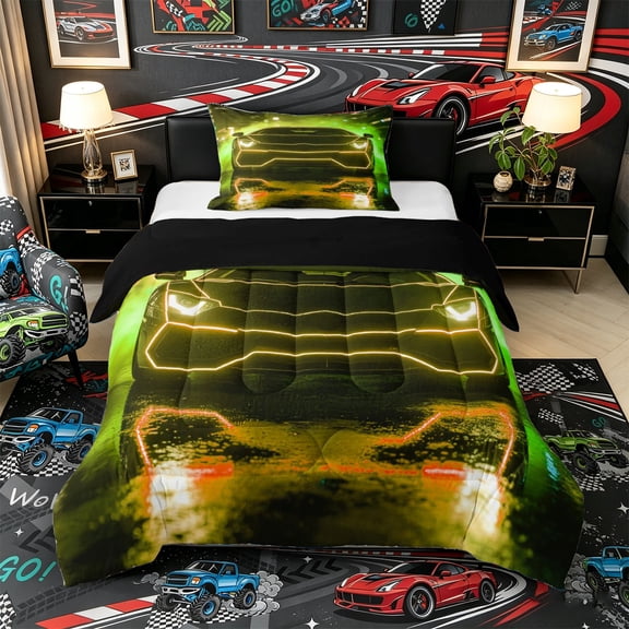 Castle Fairy Neon Sports Car Twin Comforter Sets 3-Piece for Boys, Yellow City Glow Bedding Set for Bedroom, Yellow Black,Black Reversible