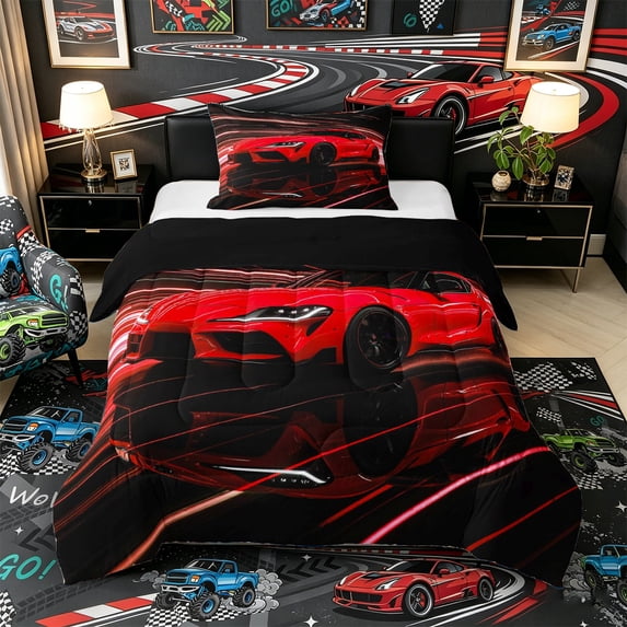 Castle Fairy Neon Sports Car Twin Comforter Sets 3-Piece for Teens, Light Trail Race Bedding Set for Boys Bedroom, Red Black,Black Reversible