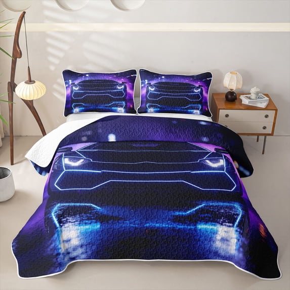 Castle Fairy Neon Sports Car Twin Quilt Set,Blue City Glow Twin Coverlet Set for Bedroom,Blue Black