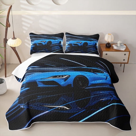 Castle Fairy Neon Sports Car Twin Quilt Set,Light Trail Race Twin Coverlet Set,Blue Black