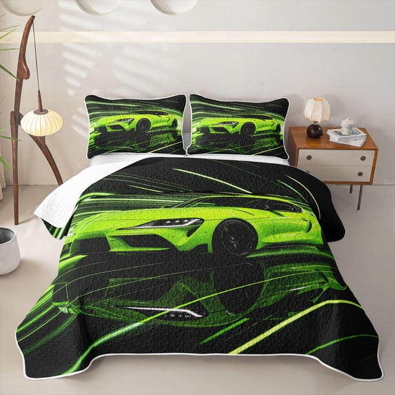 Castle Fairy Neon Sports Car Twin Quilt Set,Light Trail Race Twin Coverlet Set for Extreme Bedroom,Green Black