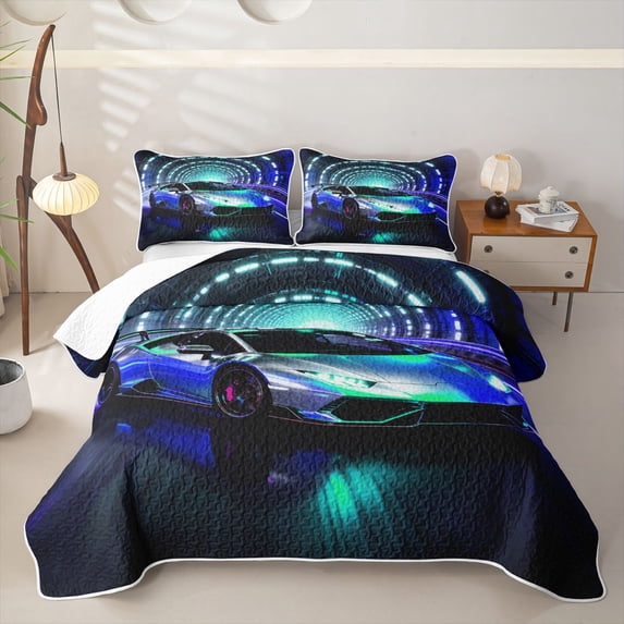Castle Fairy Neon Sports Car Twin Quilt Set for Boys,Tunnel Light Glow Twin Coverlet Set for Bedroom,Blue Green