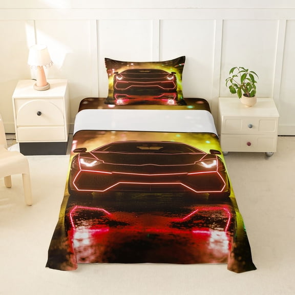 Castle Fairy Neon Sports Car Twin Sheet Sets 3pcs for Kids, Red City Glow Bedding for Bedroom, Red Black