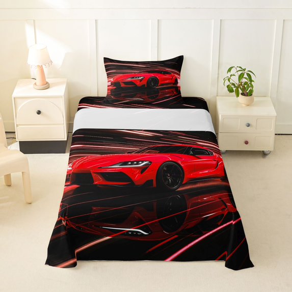 Castle Fairy Neon Sports Car Twin Sheet Sets 3pcs for Teens, Light Trail Race Bedding for Boys Bedroom, Red Black