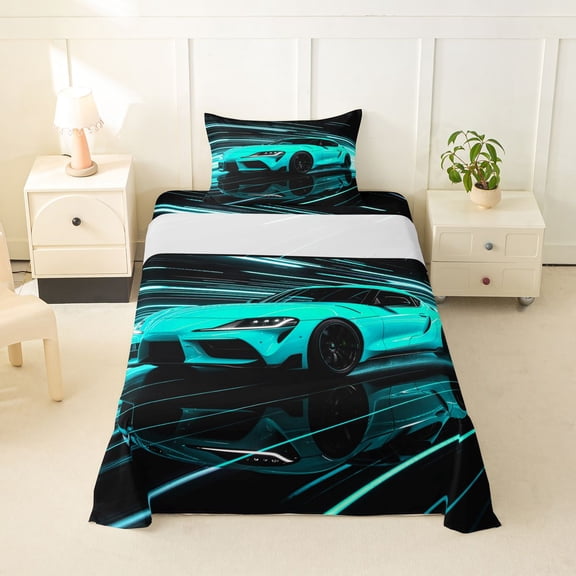 Castle Fairy Neon Sports Car Twin Sheet Sets 3pcs for Teens, Light Trail Race Bedding for Modern Bedroom, Teal Black