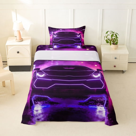 Castle Fairy Neon Sports Car Twin Sheet Sets 3pcs for Teens, Purple City Glow Bedding for Bedroom, Purple Black