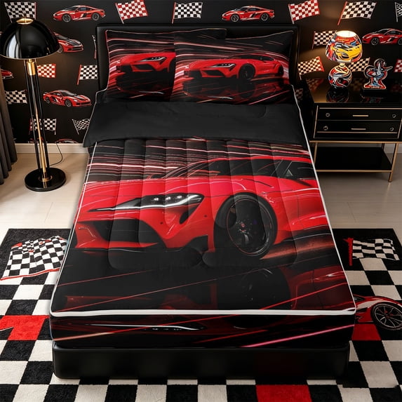 Castle Fairy Neon Sports Car Zipper Twin Comforter Sets with Fitted Sheet and 2 Pillowcases,Light Trail Race Zipper Bedding Set,Red Black,4-Piece,Black Reversible