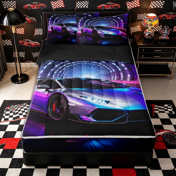 Castle Fairy Neon Sports Car Zipper Twin Comforter Sets with Fitted Sheet and 2 Pillowcases,Tunnel Light Speed Zipper Bedding Set for Bedroom,Purple Blue,4-Piece,Black Reversible