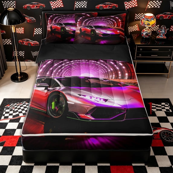 Castle Fairy Neon Sports Car Zipper Twin Comforter Sets with Fitted Sheet and 2 Pillowcases,Tunnel Light Trail Zipper Bedding Set for Bedroom,Purple Red,4-Piece,Black Reversible