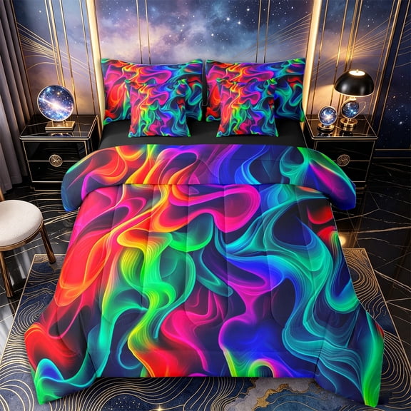 Castle Fairy Neon Swirl Abstract Fluid 7-Piece Twin Bedding,Bright Rainbow Wave Glossy Texture Bedding Comforter Set,Purple Green,Black Reversible