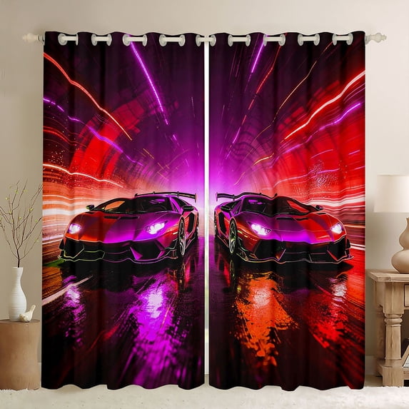 Castle Fairy Neon Twin Race Car Curtains Pack of 2 (42x84 Each) for Boys, Tunnel Light Track Curtains Blackout for Bedroom, Red Purple