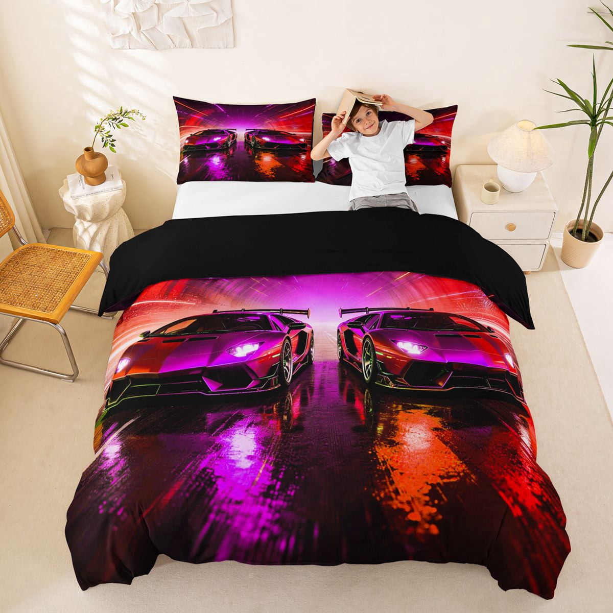Castle Fairy Neon Twin Race Car Duvet Cover Set for Boys, Tunnel Light ...