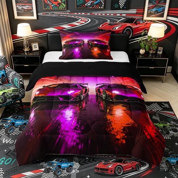 Castle Fairy Neon Twin Race Car Twin Comforter Sets 3-Piece for Boys, Tunnel Light Track Bedding Set for Bedroom, Red Purple,Black Reversible
