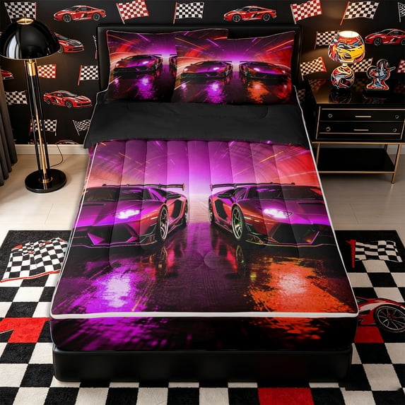 Castle Fairy Neon Twin Race Car Zipper Full Size Comforter Sets with Fitted Sheet and 2 Pillowcases for Boys,Tunnel Light Track Zipper Bedding Set for Bedroom,Red Purple,4pcs,Black Reversible