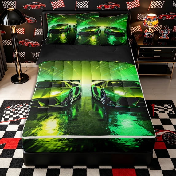 Castle Fairy Neon Twin Race Car Zipper Twin Comforter Sets with Fitted Sheet and 2 Pillowcases,Tunnel Light Trail Zipper Bedding Set for Bedroom,Green Yellow,4-Piece,Black Reversible