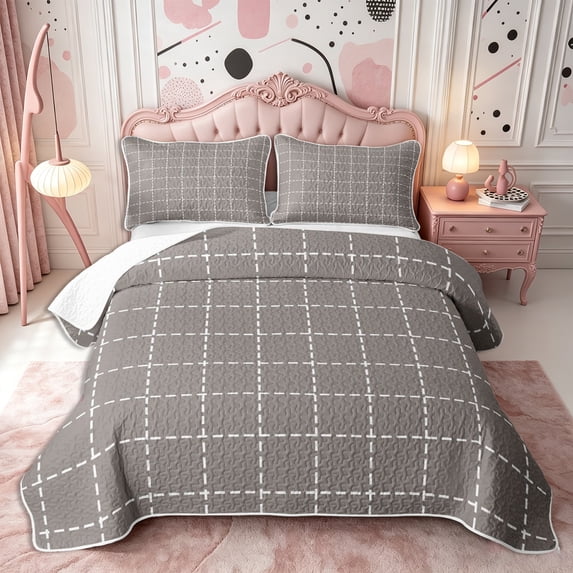 Castle Fairy Neutral Dash Grid Twin Quilt Set 2 Pieces,Simple Stitched Square Twin Coverlet Set,Taupe White,1 Bedspread and 1 Pillowcase