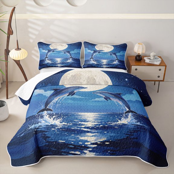 Castle Fairy Night Full Moon Dolphin Painting Bed Spread Queen,Starry Dark Ocean Wave Graphic Queen Coverlet Set,Midnight Blue