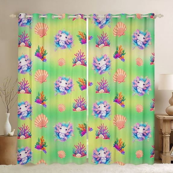 Castle Fairy Ocean Axolotl Blackout Curtains Set of 2 (52x84 Each) for Children Kids,Marine Seashell Window Curtains,Kawaii Animal Salamander Curtains and Drapes,Ultra Soft Home Decor