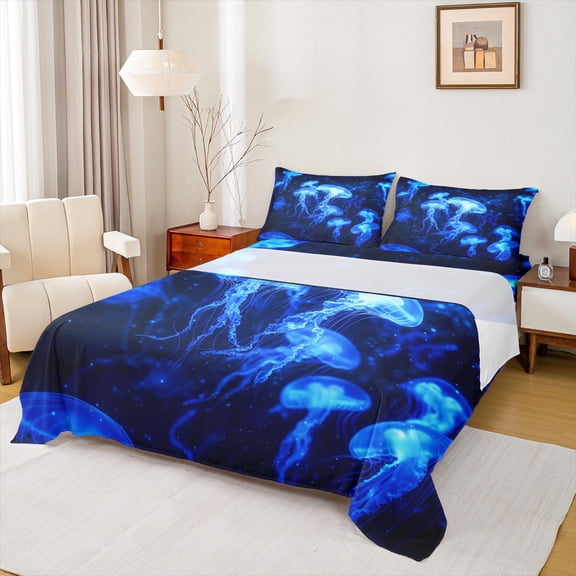 Castle Fairy Ocean Jellyfish 4 Pieces Queen Sheet Sets,Sea Wildlife Ultra Soft Flat Sheet,Underwater World Queen Fitted Sheet,Luxury Teens Bedroom Decor