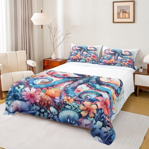 Castle Fairy Ocean Octopus 3pcs Twin Sheet Sets,Floral Animal Twin Fitted Sheet,Marine Wildlife Breathable Flat Sheet,Lightweight Sea Room Decor
