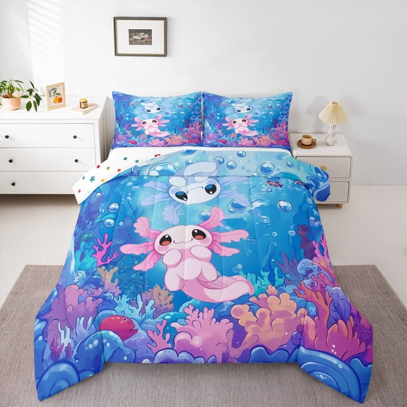 Castle Fairy Ocean Salamander 3-Piece Full Size Comforter Sets for Teens Girl Women,Sea Animal Bedding Comforter Set,Kawaii Axolotl Lightweight Bedding Sets,Luxury Bedroom Decor