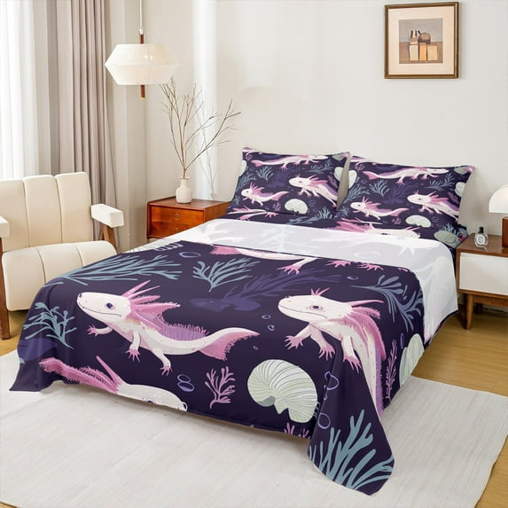 Castle Fairy Ocean Salamander 4 Pieces Queen Sheet Sets for Teenagers,Marine Animal Ultra Soft Flat Sheet,Wildlife Axolotl Queen Fitted Sheet,Microfiber Bedroom Decor