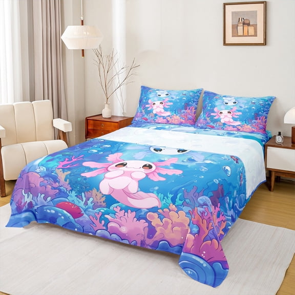 Castle Fairy Ocean Salamander 4Pcs Bed Sheets for Teens Girl Women,Sea Animal King Sheets,Kawaii Axolotl Super Cozy Sheet Set,Luxury Bedroom Decor