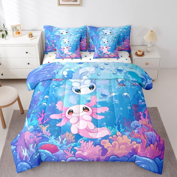 Castle Fairy Ocean Salamander 7-Piece Bedding Comforter Set for Teens Girl Women,Sea Animal King Bedding Sets,Kawaii Axolotl Ultra Soft Bed Sheets,Luxury Bedroom Decor