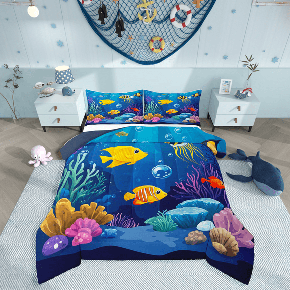 Castle Fairy Ocean Sealife 2pcs Bedding Comforter Set,Sea Theme Twin Comforter Sets,Marine Animal Breathable Bedding Set,Super Cozy Cartoon Room Decor,Reversible