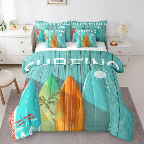 Castle Fairy Ocean Surfing 7-Piece Twin Bedding Sets,Lodge Cabin Bedding Comforter Set,Palm Tree Breathable Sheet Sets,Super Cozy Rustic Room Decor,Reversible