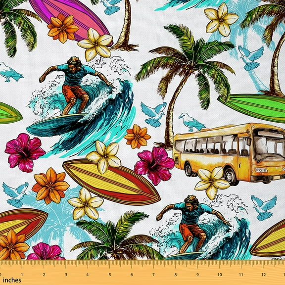 Castle Fairy Ocean Surfing Fabric by the Yard 2 Yards,Tropical Flower Leaves Room Decor Fabric by the Yard,Summer Holiday Sewing Fabric,Ultra Soft Home Decor