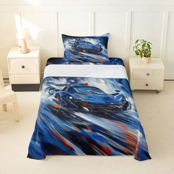 Castle Fairy Ocean Wave Car Twin Sheet Sets 3pcs for Teens, Blue Splash Bedding for Kids Room, Navy and Orange