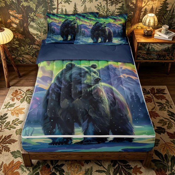 Castle Fairy Oil Paint Aurora Bear Zipper Twin Comforter Sets with Fitted Sheet and 2 Pillowcases for Teens,Snow Pine Mountain Zipper Bedding Set,Green Lavender,Navy Blue Reversible,4-Piece