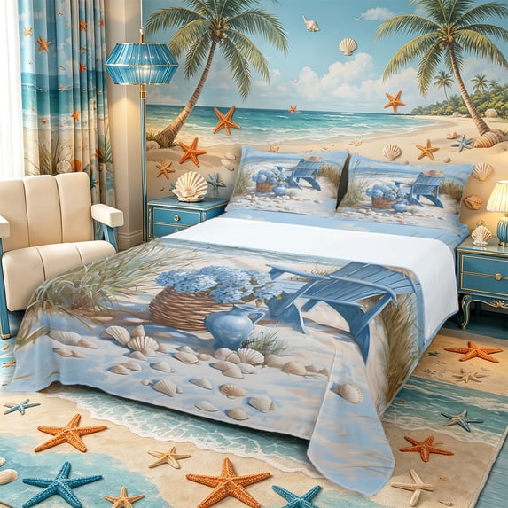 Castle Fairy Oil Painting Coastal Chair Art Bed Sheets 4-Piece,Hydrangea Seashell Dune Beach Layout Full Size Sheets,Sky Beige,1 Fitted Sheet,1 Flat Sheet and 2 Pillowcases
